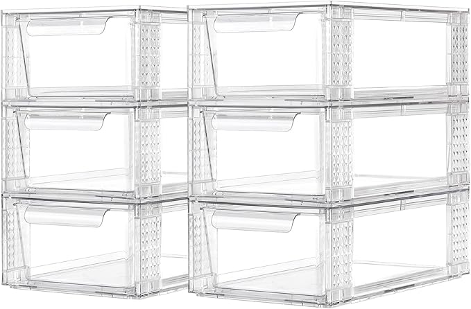 6 Pack Clear Stackable Storage Drawers, 3.95" H Easily Assemble Acrylic Organizer Bins - Multi-Use for Make up, Closet, Pantry, Bathroom, Medicine, Kitchen Cabinet & Undersink Organization