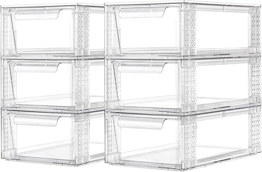 6 Pack Clear Stackable Storage Drawers, 3.95" H Easily Assemble Acrylic Organizer Bins - Multi-Use for Make up, Closet, Pantry, Bathroom, Medicine, Kitchen Cabinet & Undersink Organization