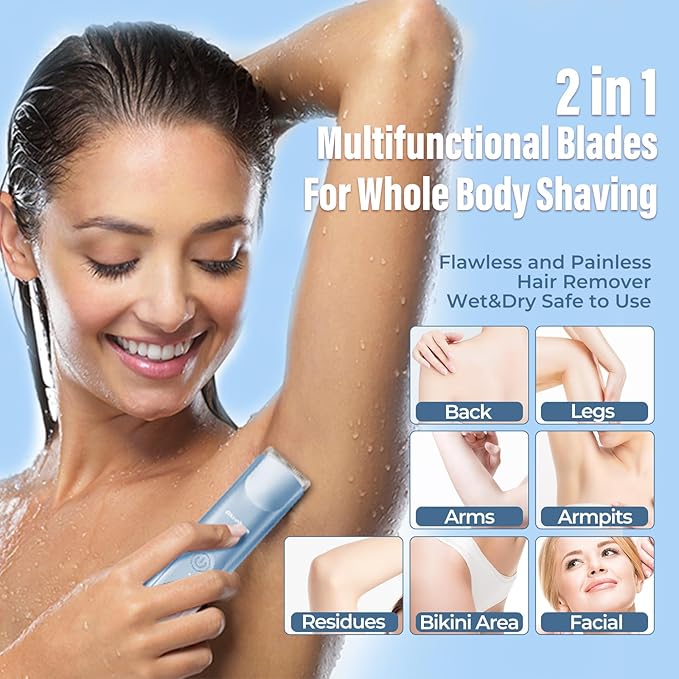 Bikini Trimmer for Women - 2 in 1 Electric Razors for Women - Dual Head Electric Shaver - IPX7 Waterproof Wet & Dry Use Body Hair Trimmer and Facial Hair Remover for Bikini Underarm Leg Arm