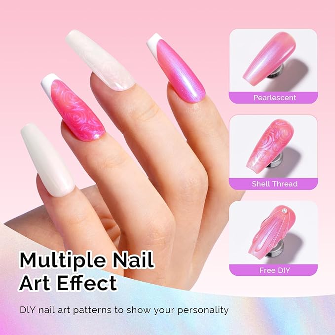 MelodySusie Pearl Gel Nail Polish Set, 6 Colors Aurora Shimmer White Green Pink Purple Blue Iridescent Mermaid Drawing Glitter Gel Polish Soak Off Swirl Shell Thread Effect Nail Art Gifts for Women