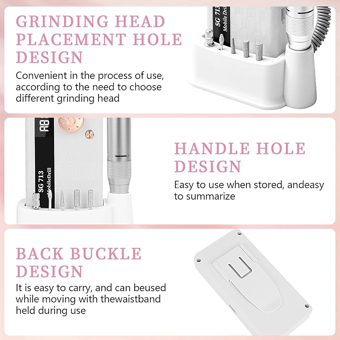 Electric Nail File Professional Kit - 45000RPM Portable Nail Drill Electric File with 11 Bits & Base丨LED Screen丨Ultra-Silent, Rechargeable Nail Drills Machine for Acrylic Nails Gel Polishing (White)