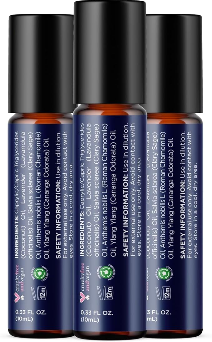 Sleep Essential Oil Roll On - Aromatherapy Essential Oil Roller for Restful Sleep and Relaxation with Pure Lavender & Roman Chamomile - Calming Pre-Diluted Blend for Nighttime Aromatherapy (3-Pack)