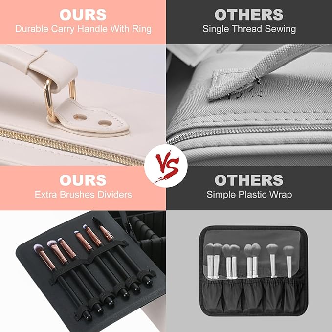 Mocado Travel Makeup Bag with LED Lighted Mirror,Makeup Case with 3 Color Lighted Setting and 10x Magnifying Mirror, Portable Storage and Adjustable Dividers (White with Hard Leather)