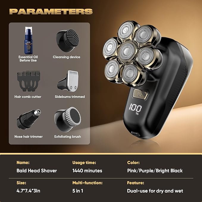 Electric Shaver for Women, Electric Razor with 7D Magnetic Shaver Heads, Wet Dry Waterproof Bald Head Trimmer Kit for Women & Men, Nose Ear Hair Trimmer, USB Rechargeable Clippers, Pink