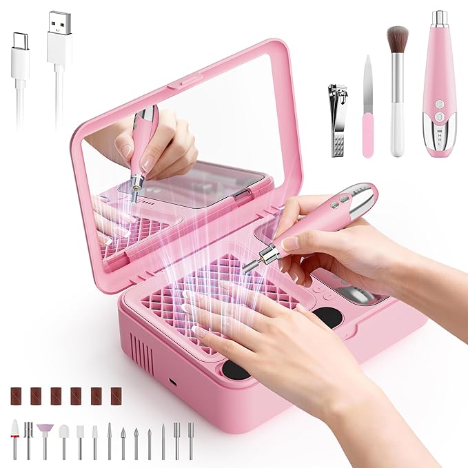 WOBSION Nail Dust Collector & Electric Cordless Nail Drill 2-in-1 Set, Portable Acrylic Gel Nail Removing and Polishing Manicure Tools for Beginners,Lightweight &Rechargeable,Ideal for Home
