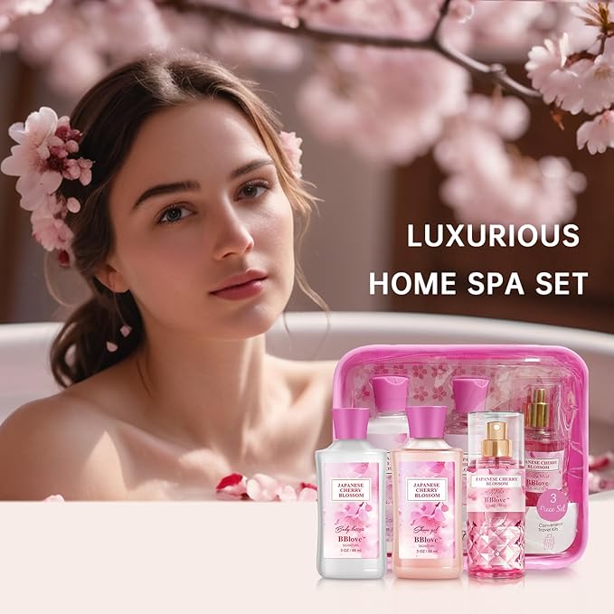 Bath and Body Gift Set for Women & Girls, Japanese Cherry Blossom, 3PCS Set for - Shower Gel, Body Lotion, Body Mist, Body Care Travel Set