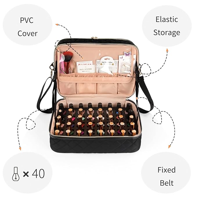 Ethereal Nail Polish Organizer Case Holds 50+ Bottles(15ml/0.5fl.oz) and Nail Lamp, Double Layer Nail Polish Storage Bag for Nail Kit, Manicure Tools, Black