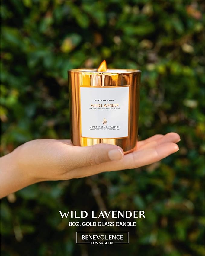 Benevolence LA Wild Lavender Wood Wick Candle | Soy Christmas Scented Candles for Home | Holiday Candle Gifts for Women and Men | Home Fragrance | Aromatherapy | Bathroom Freshener | 8oz, 45 Hour Burn