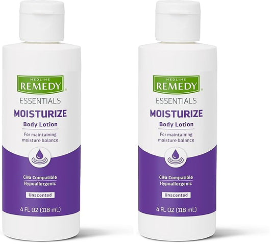 Medline Remedy Essentials Moisturizing Body Lotion (4 oz Bottle), Unscented, Hydrating, Non-Greasy, For Dry Skin, Hypoallergenic, Men, Women, Elderly (Pack of 2)