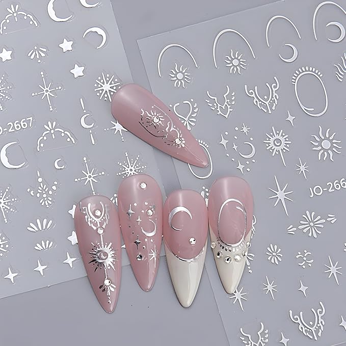 12 Sheets Silver Gold Moon Star Nail Art Stickers - 3D Self Adhesive Decals for Design and Decoration - Supplies Accessories for Women