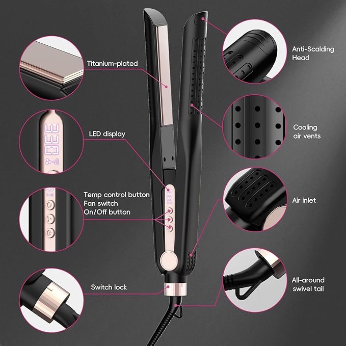 SKIMI Airflow Styler, Titanium Flat Iron Hair Straightener, Professional Curling Iron with Cooling Air Vents to Lock in Style, 5 Temps & Dual Voltage, Auto Off (Black & Pink).
