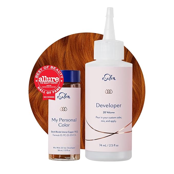 eSalon Permanent Hair Color & Hair Dye Complete Kit - Personal Colorist Kit for Up To 100% Gray Coverage for All Hair Types - Professional-Grade Ammonia-Free Hair Dye (Dark Blonde Intense Copper 7CC)