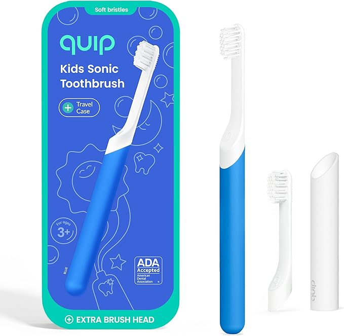 Quip Sonic Toothbrush for Kids with Timer - Includes Extra Brush Head and Travel Cover Mount - Electric, Soft Bristle Refill Head, Rubber Handle, 3 Month Battery Life - Travel Toothbrush - Blue