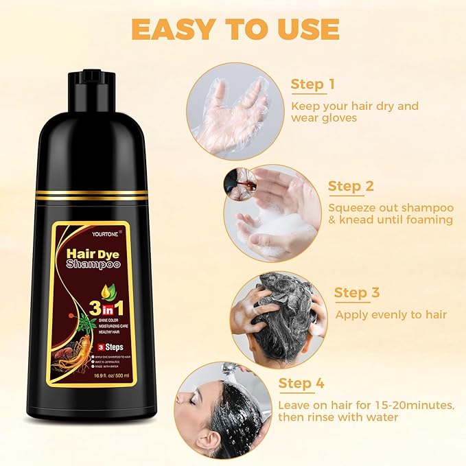 Chestnut Brown Hair Dye Shampoo 3 in 1 for Gray Hair Coverage, Hair Color Shampoo for Women Men, Herbal Ingredients Champu Para Pintar el Cabello (16.9 Oz)