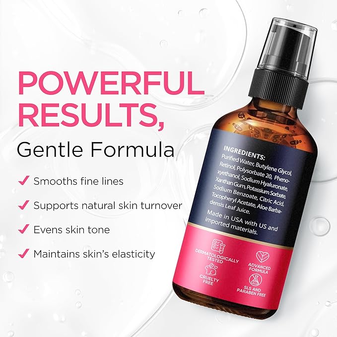 Retinol Serum for Face (2Oz) with Hyaluronic Acid, Vitamin E & Aloe Vera - Anti-Aging Serum