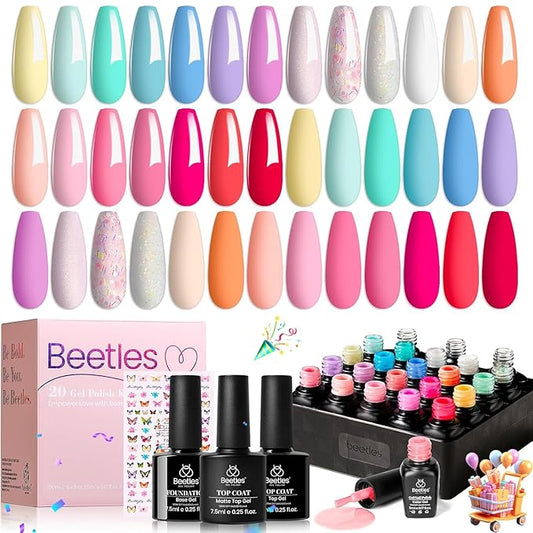 Beetles 23Pcs Gel Nail Polish Set with Base Top Coat, Pastel Bright Neon Colors Gel Polish Kit Nude Blue Pink Red Green Purple Colors Soak off Uv Nail Spring Gift for Girls