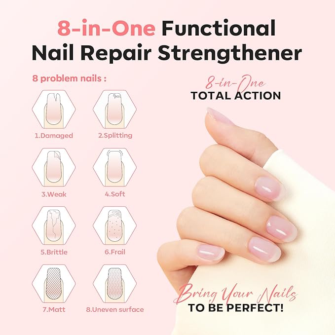 modelones Nail Strengthener, Sparkle Pink Nail Natural Concealer Foundation Polish Air Dry Nail Growth Polish for Damaged Nails Imperfection Masking Gifts for Women 15ml