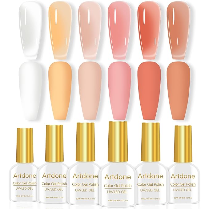 Artdone Sheer Gel Nail Polish Set Jelly UV Gel 6 Colors Translucent Porcelain White Orange Nude Pink Colors Nail Polish For All Seasons Neutral Soak off LED Lamp Gel Manicure Kit For Nail Art
