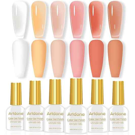 Artdone Sheer Gel Nail Polish Set Jelly UV Gel 6 Colors Translucent Porcelain White Orange Nude Pink Colors Nail Polish For All Seasons Neutral Soak off LED Lamp Gel Manicure Kit For Nail Art