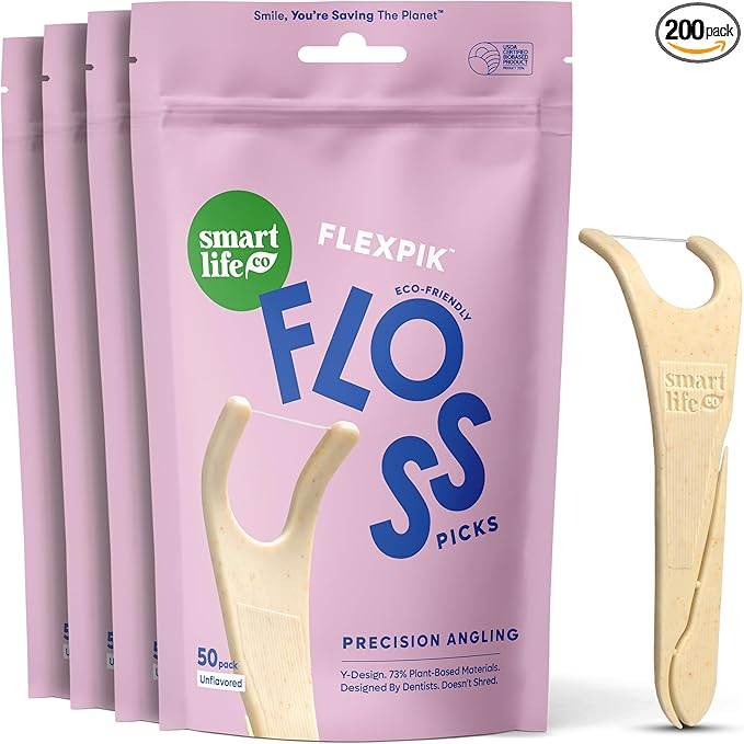 SmartLifeco Eco-Friendly Angled Dental Floss Picks (200ct) - Flossers Made with Straw Wheat Blend, Anti-Shred Thread for Molars & Back Teeth, Tooth Pick Stick for Adults, Soft on Gums, Unflavored