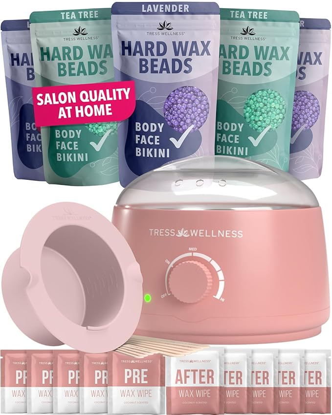 Tress Wellness Waxing Kit for Sensitive Skin – Safe for Face & Skin, Prep & Aftercare Wipes, Easy to Use – At-Home Kit for Face, Bikini, Brazilian & Full Body - Pink, No Display