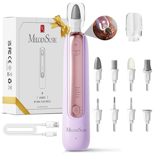 MelodySusie Cordless Pedicure & Manicure Nail Drill Kit, PC760G for Salon-Quality Foot Care for Home & Travel, Rechargeable with 5 Speeds, 8-in-1 Bits, 360° LED Light & Anti-Dust Shield, Purple