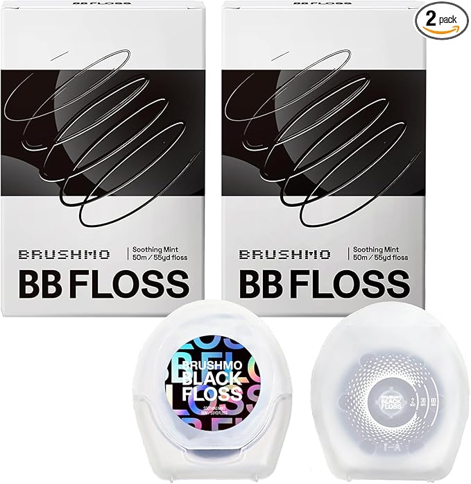 Brushmo Black Floss (BBFloss) - Expanding Floss, Gum-Friendly Soothing Mint Dental Floss, Natural Vegan Wax to Remove Plaque from Teeth, Dentist Designed PTFE & PFAS Free Oral Care, 2 Spools, 110 yd