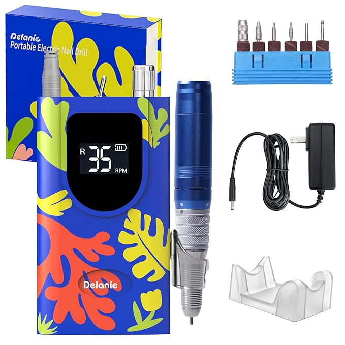 Delanie Professional Nail Drill High Torque 35000 RPM Rechargeable Portable Electric Nail File Filer for Acrylic Gel with Cuticle Bits, Salon Manicure Tool, Matisse Blue