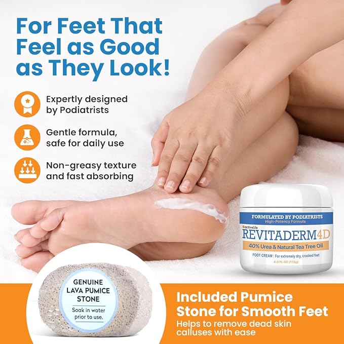 Revitaderm 4D Urea Cream 40% for Feet, Intensive Moisturizing Foot Cream for Dry, Rough, Callused Skin, Includes Free Pumice Stone and Exfoliating Brush, Fast-Absorbing, Fragrance-Free, 4oz, 1 Pack