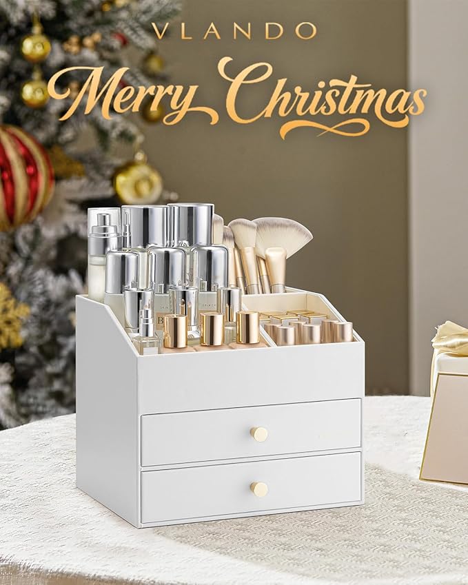 Vlando Makeup Organizer for Vanity,Large Capacity Countertop Organizer with Drawers, PU Leather Cosmetic Display Case for Lipstick,Brushes,Skincare,Nail polish and Bedroom Storage (White)