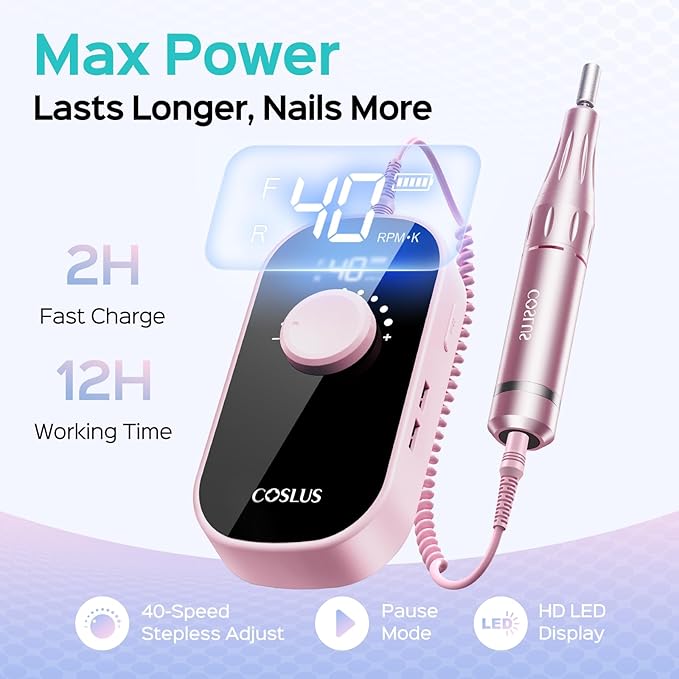 COSLUS Professional Electric Nail Drill, 40000 RPM Portable Rechargeable Nail File with Storage Stand for Acrylic Gel Polishing Removing - Easy to Use for Women, Manicure at Home DIY or Salon, Pink