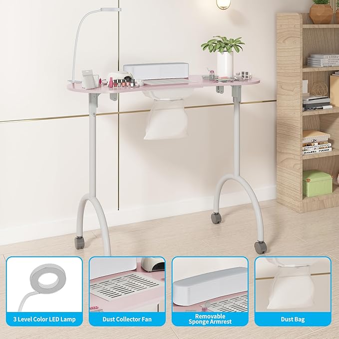 TABU Portable Manicure Nail Table, Foldable Manicure Table with Dust Collector Fan, LED Lamp, 4 Lockable Wheels and Carry Bag, Professional Nail Desk with Wrist Cushion (Pink)