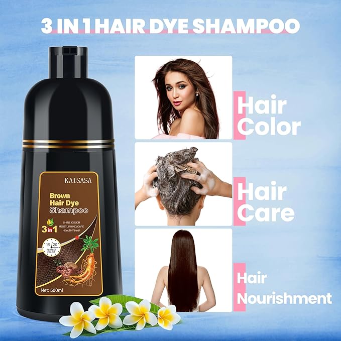 IIIMEIDU Brown Hair Dye Shampoo for Gray Hair, 3 in 1 Herbal Ingredients Natural Shampoo Hair Dye for Women Men, Grey Coverage 500ml