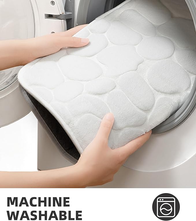 YIHOUSE Memory Foam Runner Rug, Cobblestone Bathroom Runner Rugs Super Water Absorbent Bath Mats for Bathroom Machine Washable Bath Rugs for Hallway Bedroom Laundry Room(24 x 47,White)