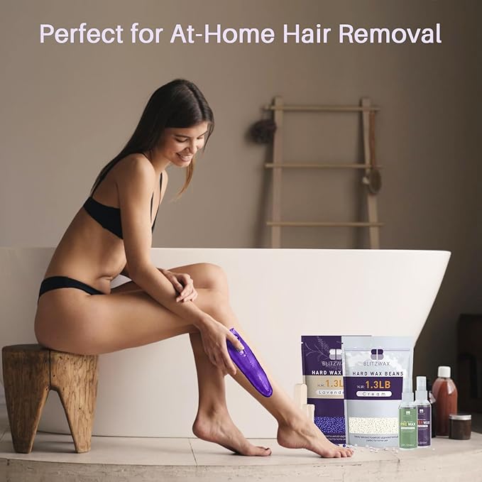 BLITZWAX 2.6lbs Hard Wax Beads for Hair Removal, Lavender and Cream Hot Waxing Beans for Sensitive Skin, Face, Brazilian and Bikini, with 30 Waxing Sticks and 2 Wax Oils for Women and Men, 2 Packs