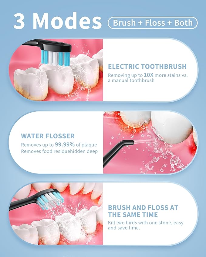 Electric Toothbrush with Water Flosser – 2-in-1 Teeth Cleaning Kit, Electric Toothbrush and flosser Combo,Toothbrush with 3 Cleaning Modes, Portable Water flosser Design for Home & Travel (Black)