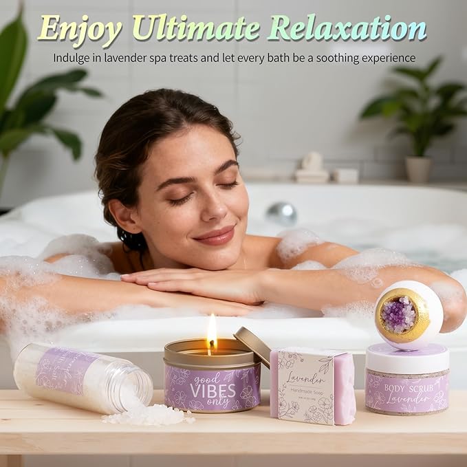 Spa Gifts for Women Bath Gift Set, Lavender Relaxing Spa Gift Baskets Home Bath Set Self Care Kit Care Package Thank You Get Well Christmas Birthday Gifts for Women Mom Her Friends Sister Wife Grandma