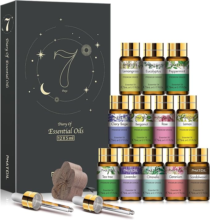 PHATOIL Essential Oil Set, 12x5ml Essential Oils Gift Set with Diffused Wood, 100% Natural Pure Essential Oils for Diffusers DIY Candle Soap Making