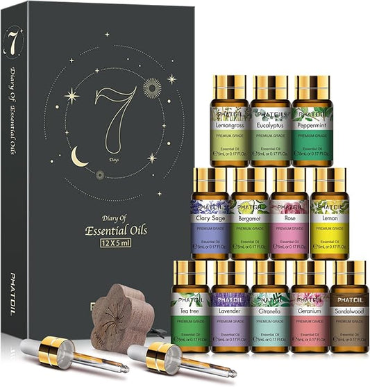 PHATOIL Essential Oil Set, 12x5ml Essential Oils Gift Set with Diffused Wood, 100% Natural Pure Essential Oils for Diffusers DIY Candle Soap Making