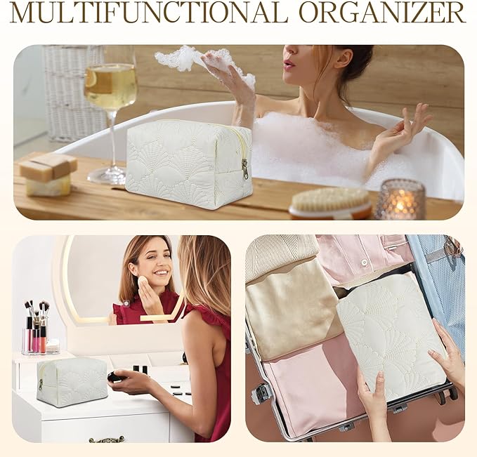 Quilted Makeup Pouch,Cotton Puffy Makeup Bag, Coquette Cosmetic Bag for Women and Girls, Aesthetic Organizer Bag, Cute Flower Travel Toiletry Bag