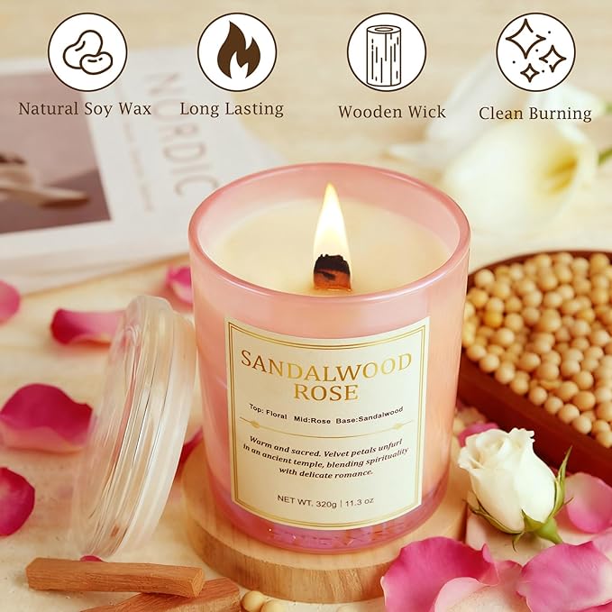 2 Pack Candles for Home Scented,Wood Wick Sandalwood Rose Scented Candle,22.6 oz 150 Hour Long Burning Lasting, Natural Soy Wax Candles Gifts Set,for Christmas Day