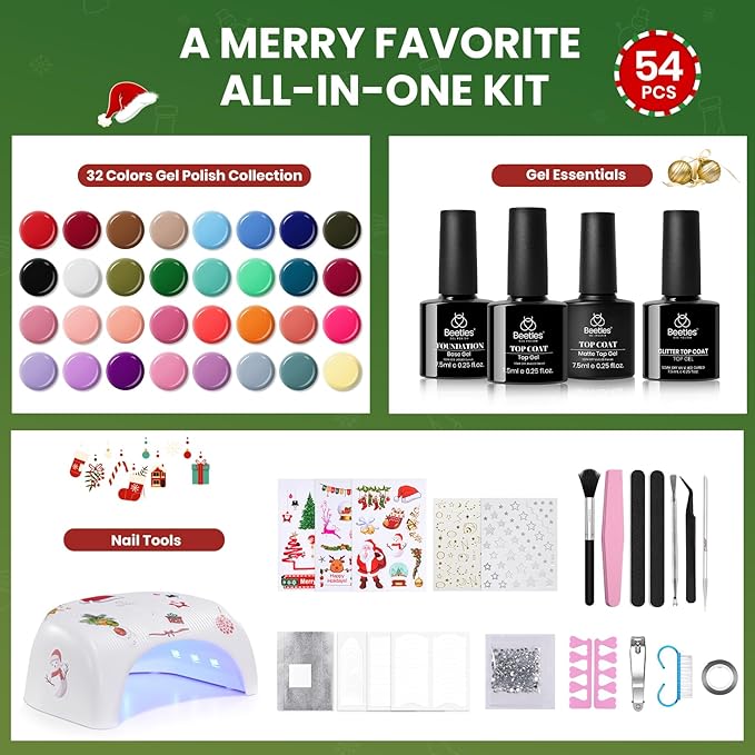 Beetles 54 Pcs Christmas Gel Nail Polish Kit with U V Light - 32 Color Gel Nail Kit Gifts for Teens Girls Women Four Seasons Glow Soak Off Red White Winter Nails Art Home Salon Home DIY Manicure Set