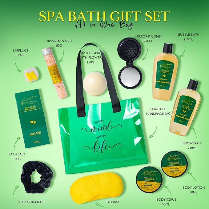 Home Spa Gift Basket, Bath Spa Kit for Girls, Eucalyptus & Mint Christmas Gifts for Women with Body Lotion, Shower Gel, Bath Bomb, 13pcs Unique Birthday Gifts for Women Gifts for Her Teen
