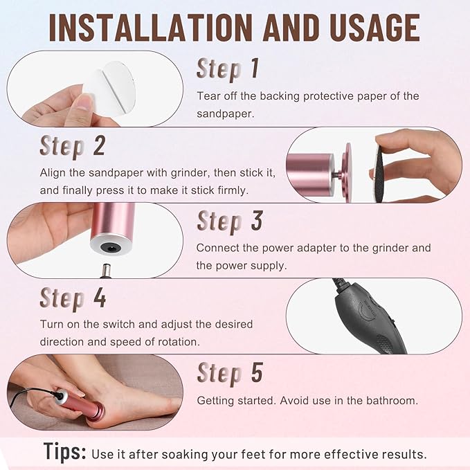 Dermawave Electric Foot File Callus Remover for Feet, Professional Foot Scrubber Sander Grinder for Dead Skin Cracked Heel, Pedicure Tool with 60 Sandpaper Discs for Men & Women