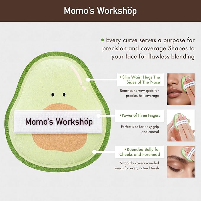 Momo’s Workshop Avocado Makeup Sponge-Hydropolyurethane Foundation Sponge for Buildable Coverage, Dry&Wet Use with PU Leather Handle, Beauty Tool,2pcs Makeup Puffs With Storage Case