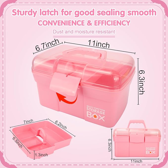11in Mutipurpose Storage Box Organizer with Removable Tray, Portable Small Craft Organizer with Handle, Plastic Clear Tool Box Art Case for Makeup, Sewing, Nail, Hair Accessories (Pink)