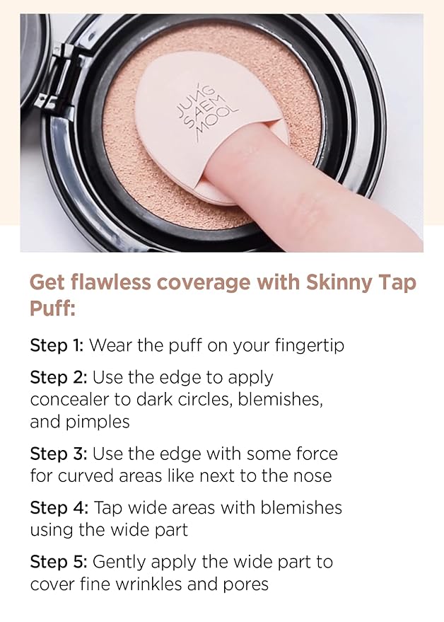 JUNG SAEM MOOL Skinny Tap Puff 3pcs, Mini Precision Puff for Concealer and Touch-Up, Ultra-Slim Fitting Makeup Sponge for Seamless Coverage Around Nose Eyes Lips, Travel-Friendly Korean Beauty Tool