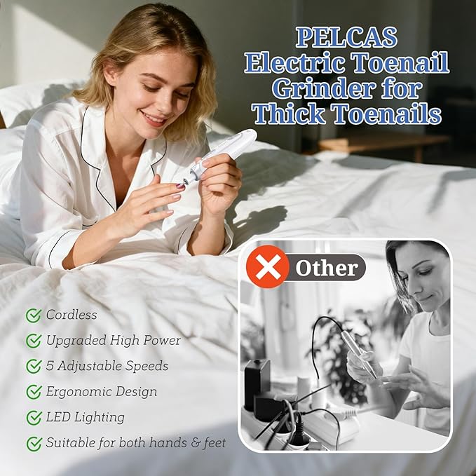 PELCAS Electric Nail File, 5 Speeds Manicure and Pedicure Kit, Cordless Nail Drill, Toenail Grinder for Thick Toenails with LED Light, Dremel Tool Kit for Human, Pet, Toenails, Natural & Acrylic Nails