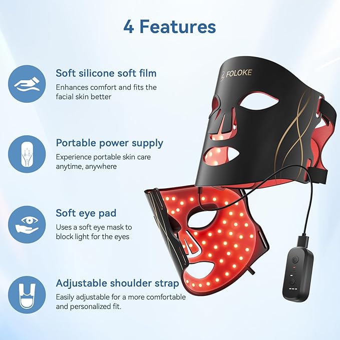 FOLOKE LED Light Therapy Mask Skin Care Mask, LED Red 630±5nm & NIR 830nm Wavelength for Home Use(TAN)