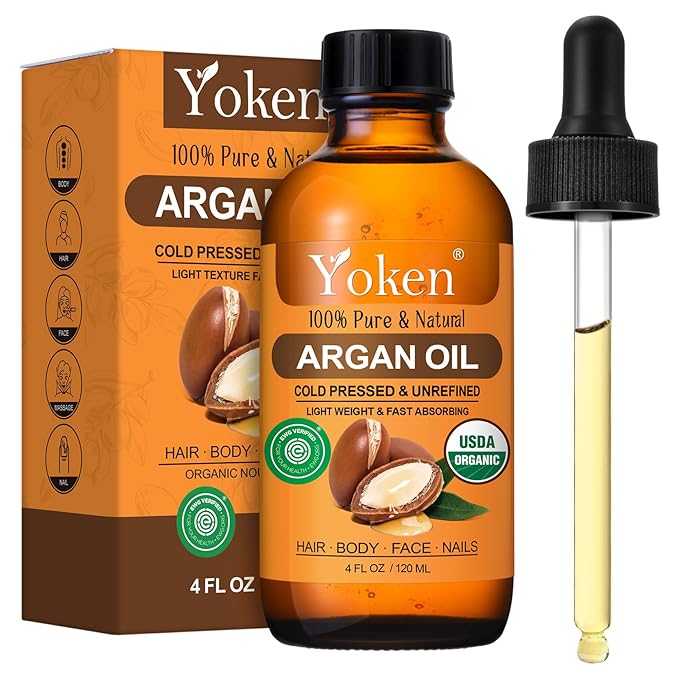 Organic Argan Oil for Hair 4 Fl Oz, USDA Pure and Natural Morocco Argan Oil, Argon Oil For Hair, Scalp, Face & Skin Care, 100% Cold Pressed Hair Conditioner, Unrefined Argon Nails Carrier Oil